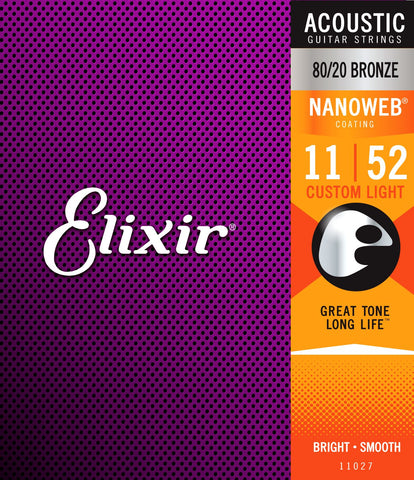 Elixir 80/20 Bronze Acoustic Sets Ultra-Thin Nanoweb Coating, Custom Light, 11-52