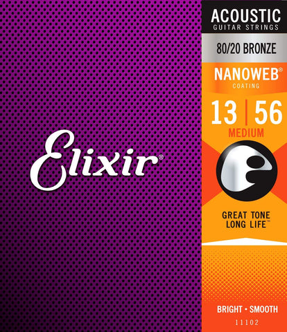 Elixir 80/20 Bronze Acoustic Sets Ultra-Thin Nanoweb Coating, Medium, 13 - 56